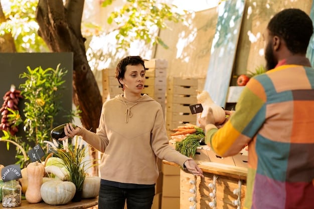 A person is shown in a brightly lit, outdoor area, shopping at a farmer's market. The person is using multiple reusable cloth bags and is carefully selecting fresh produce items. The scene emphasizes sustainability and the avoidance of packaging.