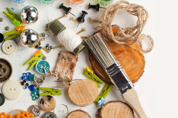 A crafting table with a variety of DIY projects made from recycled materials. There are planters made from old tin cans, lamps made from repurposed bottles, and decorative art pieces using reclaimed wood. The image showcases creativity and sustainable living.