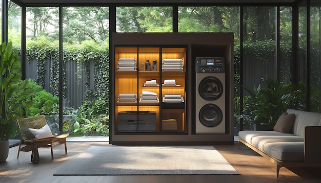 A modern laundry room featuring a front-loading washing machine and dryer, both with visible Energy Star labels. The room is well-organized with eco-friendly cleaning supplies on shelves.