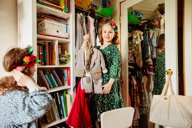 A well-organized and stylish vintage clothing store, with racks of colorful dresses, shelves of shoes and accessories, and a customer browsing through the items.