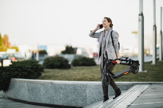 A person is happily commuting to work on an electric scooter in a sunny urban environment. They are wearing a helmet and carrying a backpack, showcasing the convenience and eco-friendliness of the scooter. The background features a blurred city street with trees and pedestrians.