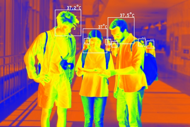 A close-up shot of a technician using a thermal imaging camera to detect heat loss around a window frame. The thermal image shows red and yellow areas indicating heat escaping.