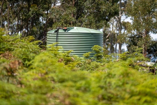 A large, dark green rainwater harvesting tank in a backyard garden, connected to a soaker hose irrigating vegetable plants. The garden is thriving, demonstrating the effective reuse of collected rainwater.