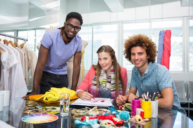 A group of diverse individuals happily sorting and organizing clothes at a clothing swap event with bright, cheerful decorations.