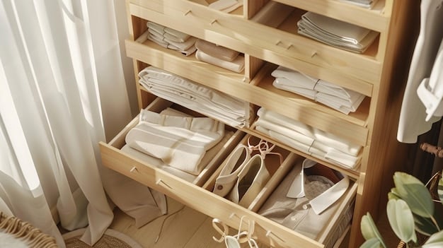 A well-organized closet featuring neatly folded and hung clothes made of natural fibers. There are clear storage containers with labeled items, showcasing a minimalist and intentional wardrobe.