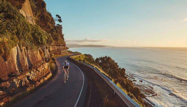 A cyclist riding along a scenic coastal road, with clear skies, turquoise water, and lush green hills in the background.