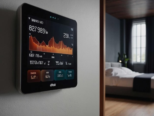 A close-up shot of a smart thermostat interface displaying graphs and data related to energy consumption, highlighting the user's ability to monitor and optimize their energy usage. The screen shows a detailed breakdown of daily and monthly energy costs.