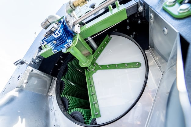 A computer rendering of a robotic system disassembling a wind turbine blade inside a high-tech recycling plant, showcasing automation and advanced material separation techniques.