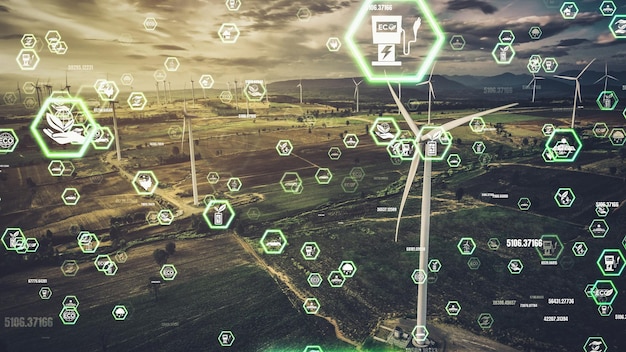 A diagram illustrating a blockchain network with multiple interconnected nodes representing renewable energy sources like solar panels and wind turbines. Each node is labeled with data related to energy production, consumption, and transactions.