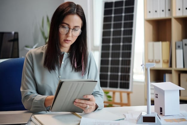 A homeowner reviewing solar panel installation costs and available financial incentives on a tablet. The screen displays charts and graphs showing potential savings and return on investment for bifacial solar panels.