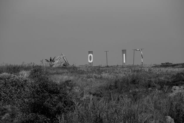 A landfill site containing multiple discarded wind turbine blades, some broken and cracked, illustrating the scale of the waste problem and the environmental challenge posed by these non-biodegradable materials.