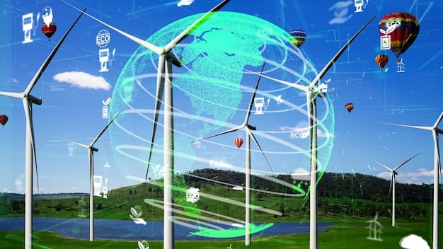 A diagram illustrating a blockchain network with various renewable energy sources (solar, wind, hydro) connected to it. Each source is represented as a node on the blockchain, and data is being securely transmitted between them.