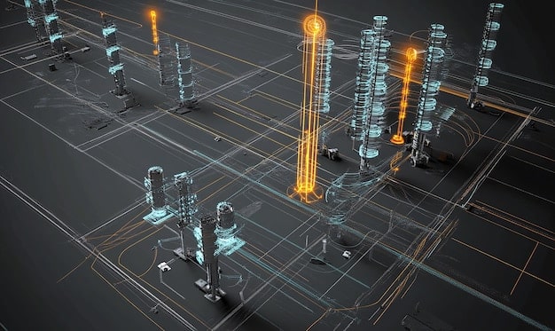 A visual representation of a modern substation equipped with smart grid technology, including advanced sensors, smart inverters, and communication systems. The substation is connected to various renewable energy sources such as wind turbines and solar farms, illustrating the integration of these sources into the grid.