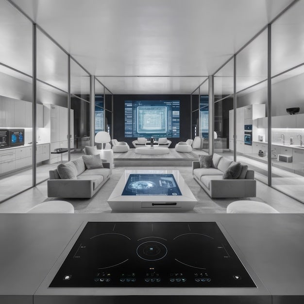 A futuristic appliance showroom showcasing a range of sleek, energy-efficient appliances with digital displays highlighting their energy consumption and environmental benefits.