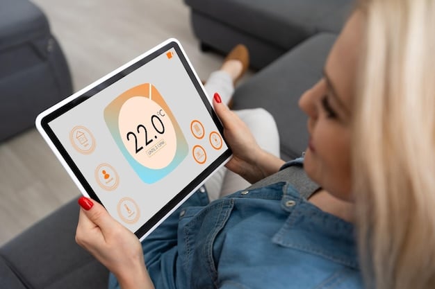 A close-up of a smart thermostat controlling the temperature in a home, with data displayed on the screen showing energy savings.