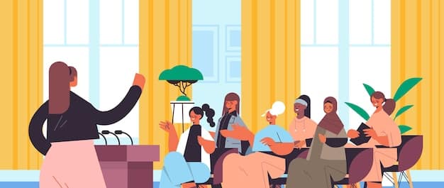 A diverse group of community members gathered at a town hall meeting, discussing a proposed solar farm project. The atmosphere is interactive and engaged, with project developers and local representatives answering questions and addressing concerns.