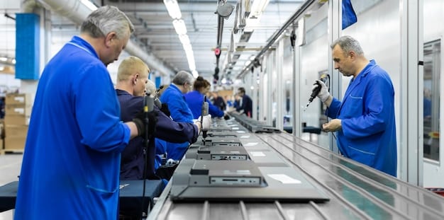 A factory floor scene where workers are assembling energy-efficient appliances using advanced manufacturing techniques. The focus is on the modern equipment and the streamlined processes that ensure high efficiency and precision. The image should portray innovation and technological advancement.