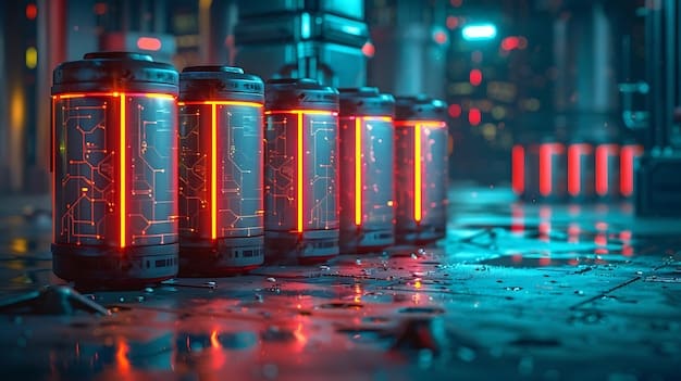 A detailed close-up of a flow battery system, highlighting the electrolyte tanks and the electrochemical stack. The image emphasizes the modular design and the potential for scalability.