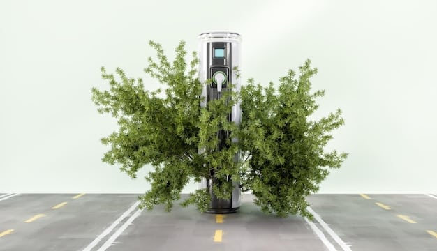 A modern electric vehicle charging station with several cars plugged in. Green energy symbols are visible in the background, representing sustainable energy sources.