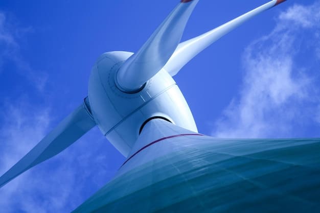 A close-up view of a modern wind turbine, highlighting its aerodynamic design and the surrounding landscape. The sky is clear and blue, emphasizing the clean energy aspect.
