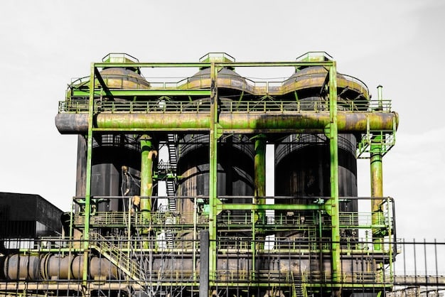 A modern biofuel refinery with advanced processing equipment, showcasing the technological advancements in converting biomass into usable fuel. Steam and pipes are visible, illustrating the refining process.