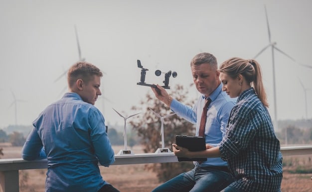A group of engineers reviewing blueprints at a wind turbine construction site, highlighting the technical expertise and planning required for clean energy projects.