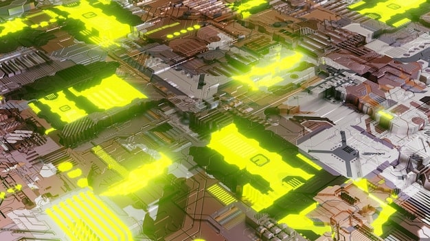 A visual representation of a smart grid network, showcasing the integration of renewable energy sources and the use of data analytics to optimize energy distribution.