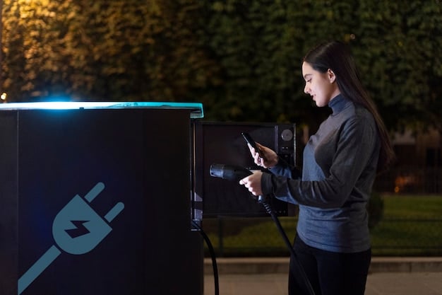 A close-up shot of an advanced electric vehicle charging station in a busy urban setting, highlighting the modern design and connectivity features.