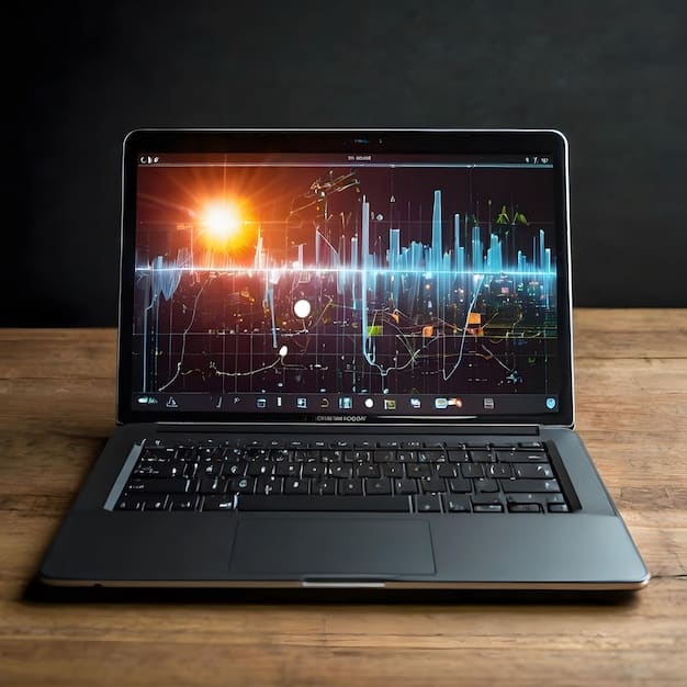 A laptop screen displaying a stock chart for a solar energy ETF, with upward trending lines and various financial metrics visible.