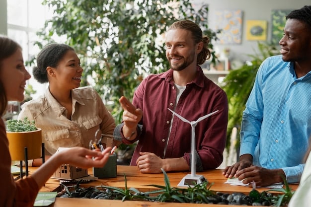 A diverse group of people discussing investment strategies for clean energy projects in a modern office setting. The image conveys the growing interest in sustainable investments.