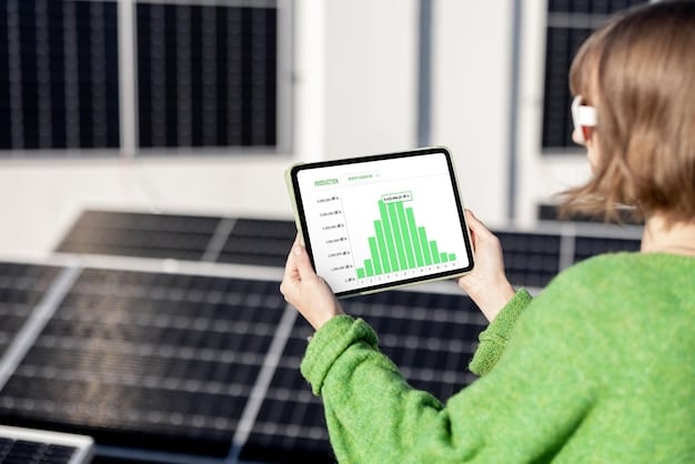 A dashboard displaying real-time data from solar panel installations with charts showing energy production, efficiency rates, and cost analysis.