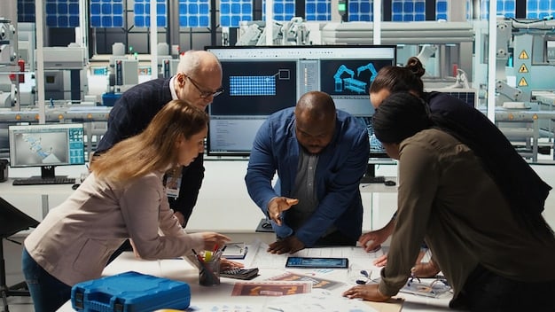 A diverse group of engineers and scientists collaborating in a modern laboratory, working on clean energy technologies.