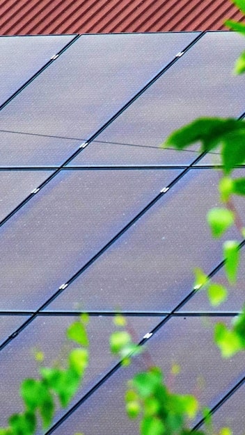 A close-up of solar panels installed on a residential rooftop, sparkling under the sunlight, with a clear blue sky in the background. The focus is on the panels and their efficient design.