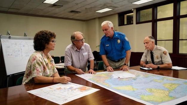 A well-lit US government office interior with officials reviewing documents and maps related to clean energy projects, showing the regulatory process.