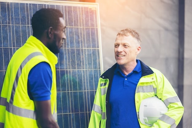 A diverse group of workers installing solar panels on a rooftop, with a city skyline in the background. The workers are wearing safety gear, and the solar panels are neatly aligned.