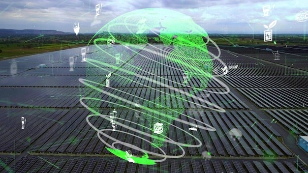 A visual representation of a smart grid system integrating various renewable energy sources, energy storage solutions, and advanced metering infrastructure. The image should illustrate the interconnectedness and efficiency of a modern clean energy grid.