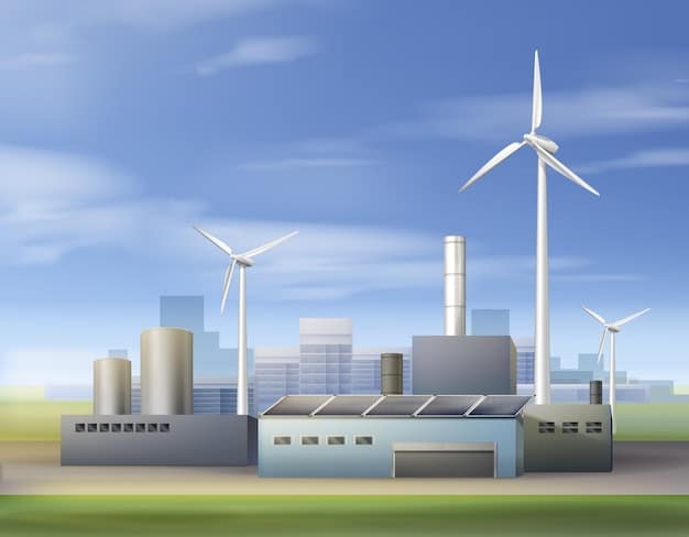 An illustration of a green hydrogen production facility, showing wind turbines and solar panels powering electrolyzers that split water into hydrogen and oxygen. The hydrogen is then stored in tanks, ready for use in fuel cell vehicles and other applications.