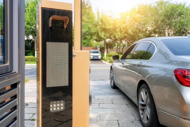 A modern electric vehicle charging at a public charging station in a city, with pedestrians and buildings in the background.