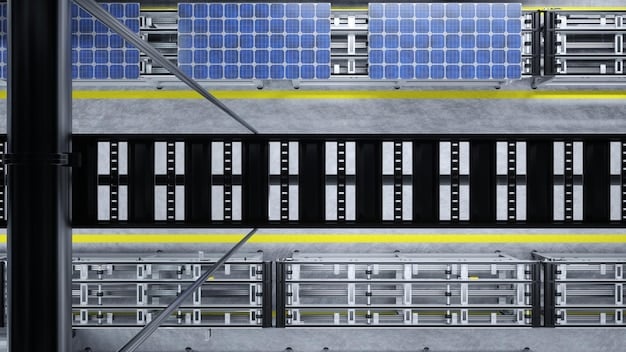 A detailed view of advanced battery storage units connected to a solar power plant. The storage units are neatly arranged, with various cables and connections visible. The image highlights the critical role of energy storage in managing the intermittency of renewable energy sources.