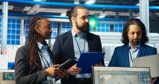 A diverse group of executives in a modern office building, reviewing data on sustainable investment trends on a large screen. The atmosphere is collaborative and focused, highlighting the increasing popularity of ESG investing in the corporate world.
