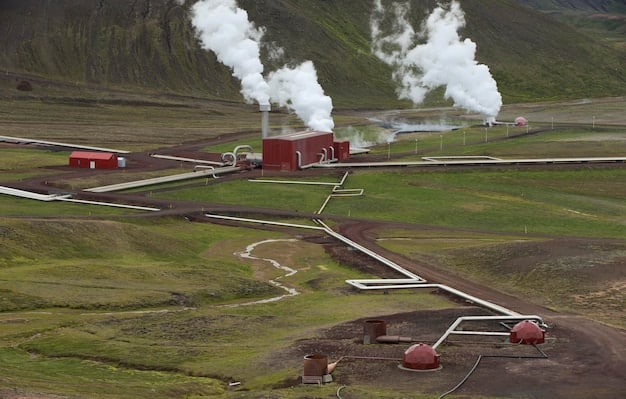 A close-up diagram of a geothermal power plant, showing the process of extracting heat from underground, converting it to electricity with turbines, and reinjecting the cooled water back into the earth.
