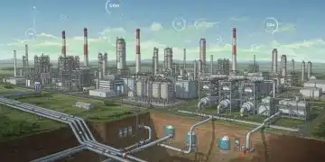 Industrial facility with advanced carbon capture technology, pipelines, and a clean energy glow.