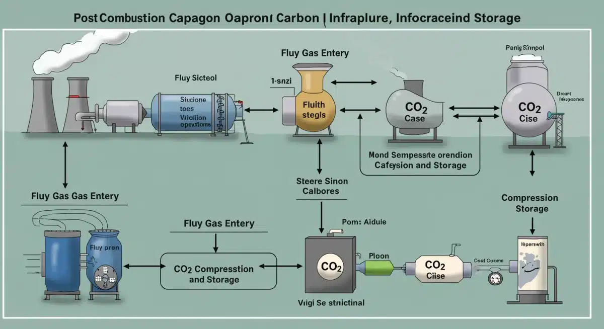 Infographic showing the process of post-combustion carbon capture technology.