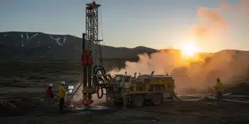 Advanced geothermal drilling rig in mountainous US landscape