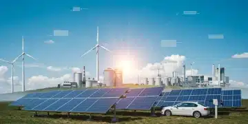 Illustration of clean energy technologies, solar, wind, EVs, and manufacturing