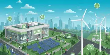 Illustration of a clean energy startup campus with solar panels, wind turbines, and electric vehicles, symbolizing sustainable investment.
