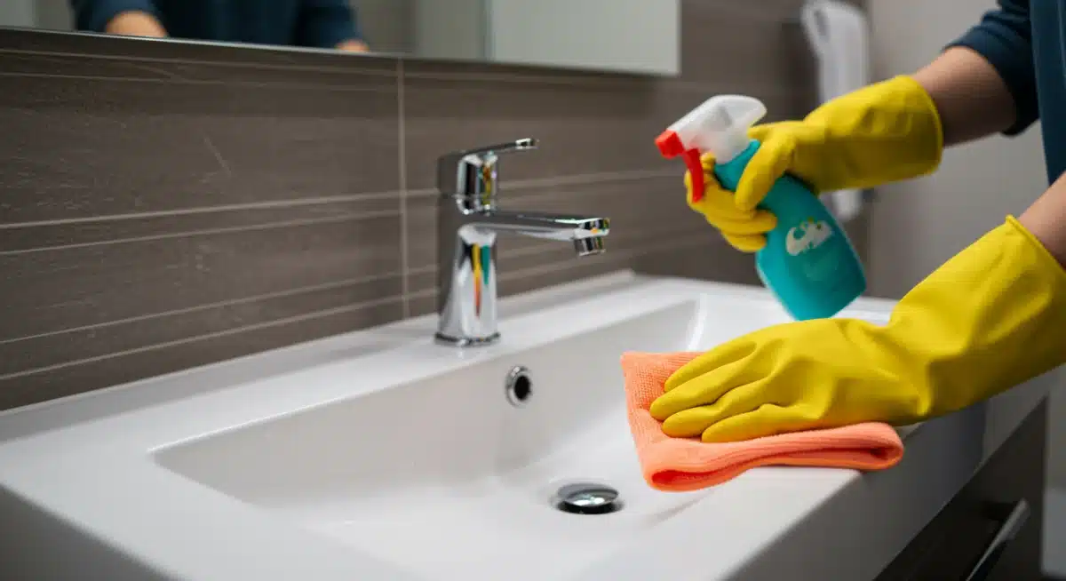 Person cleaning a bathroom sink with green cleaning product