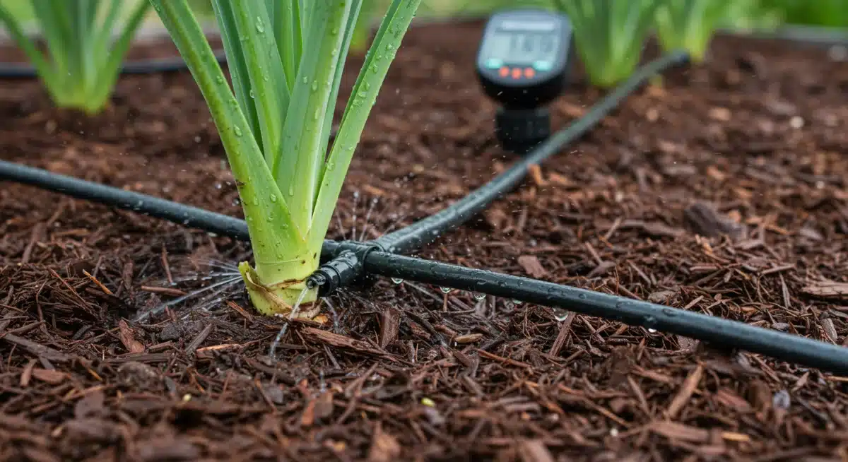 Drip irrigation system precisely watering a drought-resistant plant