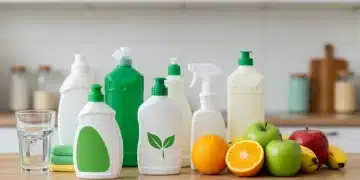 Assortment of eco-friendly cleaning products on a clean kitchen counter