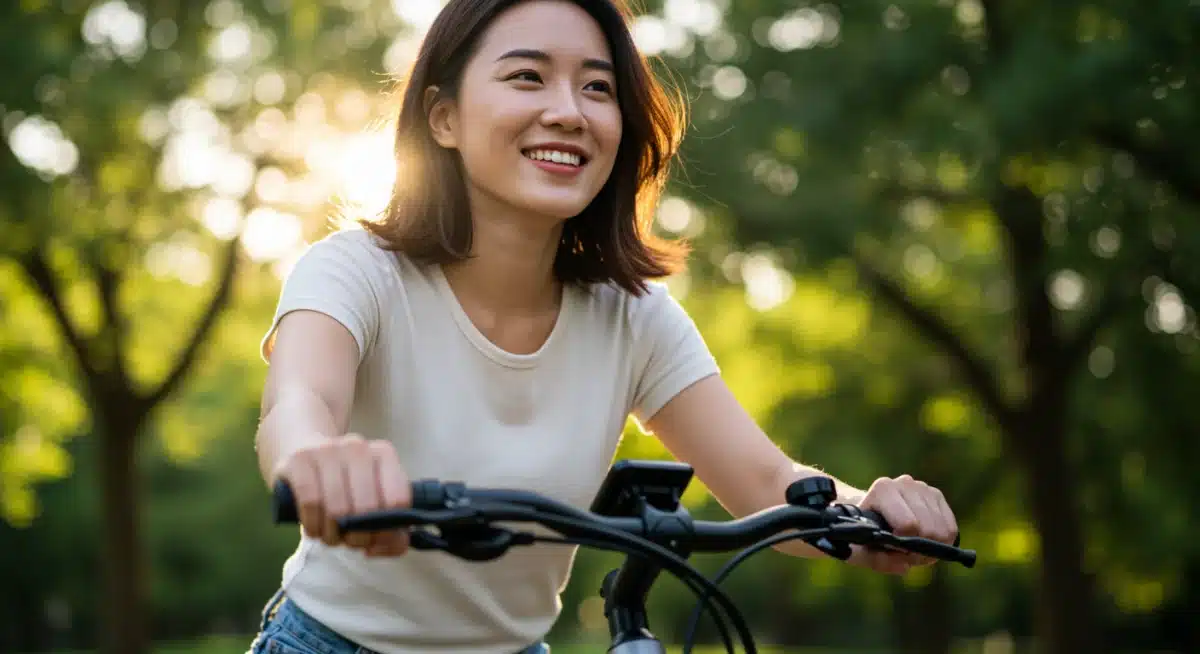 Person riding an electric bicycle through a sunny park.